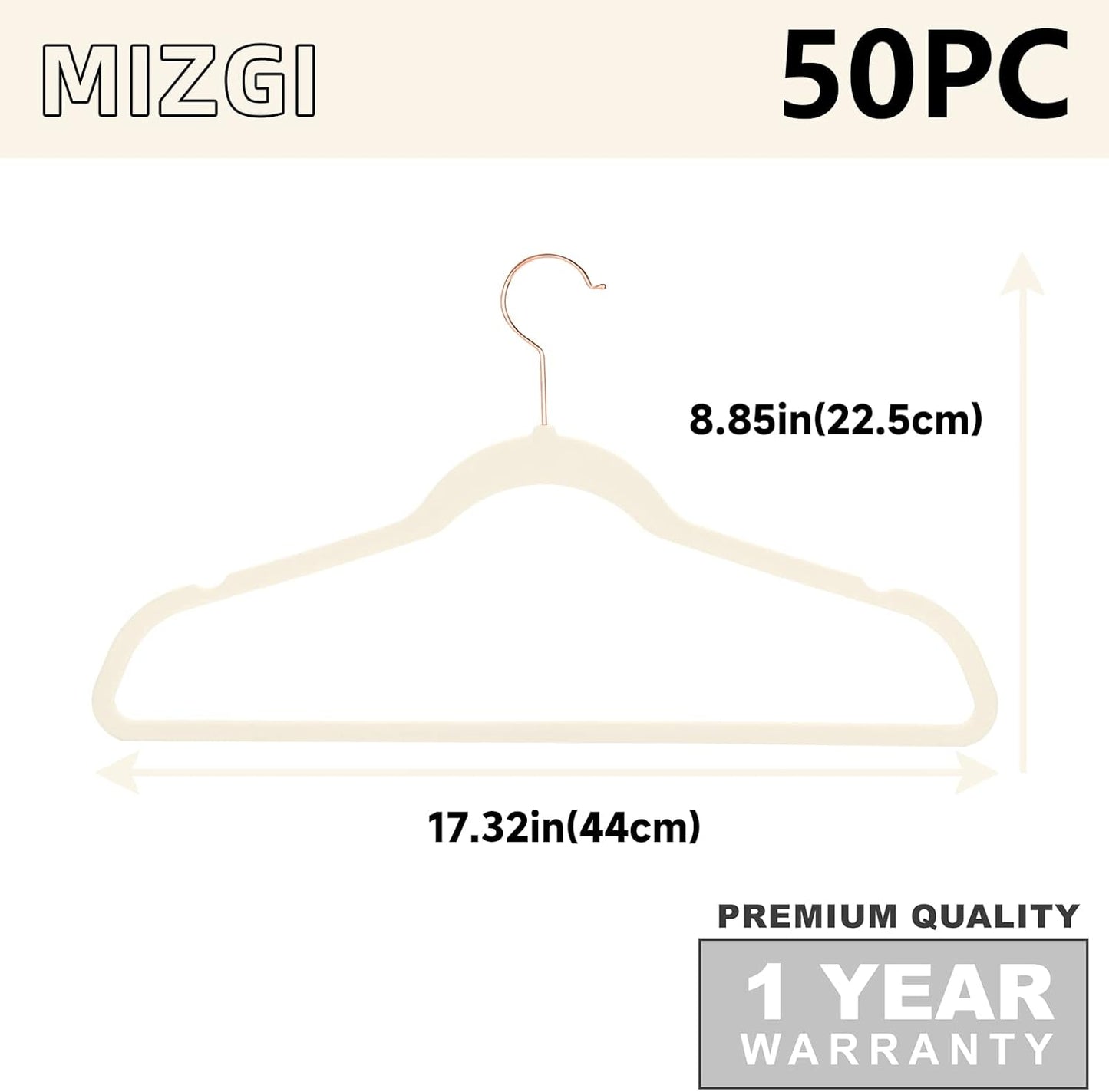 MIZGI Premium Velvet Hangers (50 Pack) Heavy Duty - Non Slip Felt Hangers - Velvet Suit Hanger Ivory - Rose Gold Hooks,Space Saving Clothes Hanger