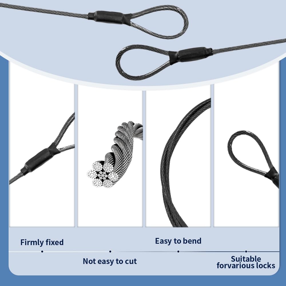 3.3mm Steel Wire Rope Outdoor Travel Security Cable Lock,Braided Steel Coated Safety Cable Luggage Lock,Safety Cable Wire Rope Chain Lock Double Loop Lightweight (Black, 24in/2Pcs)