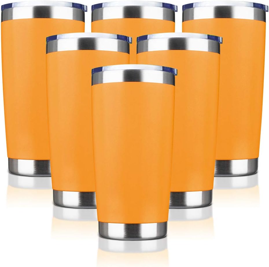 20oz Tumbler Bulk Stainless Steel Vacuum Insulated Tumblers with Lid Double Wall Travel Mug, Durable Powder Coated Coffee Cup, Suitable for Ice Drinks and Hot Beverage (Orange 6pack)