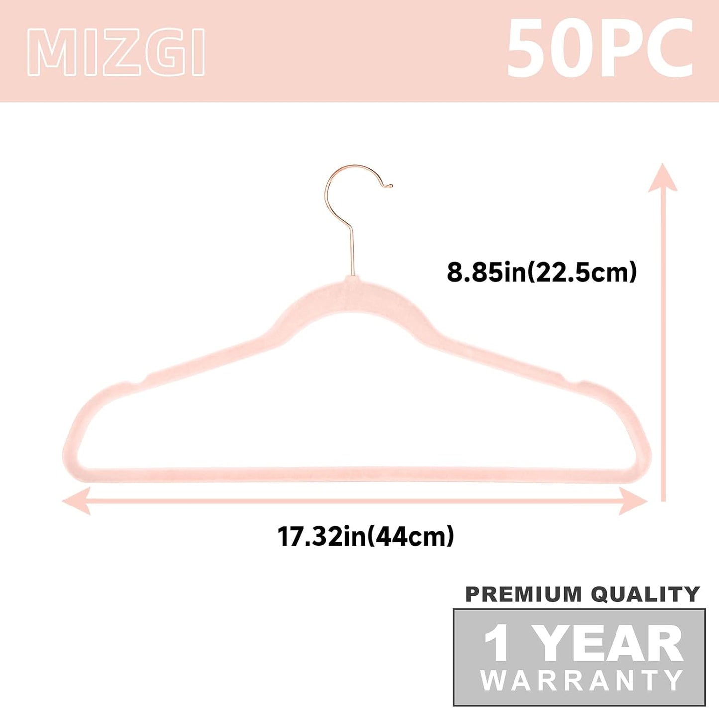 MIZGI Premium Velvet Hangers (50 Pack) Heavy Duty - Non Slip Felt Hangers - Blush Pink - Rose Gold 360 Degree Swivel Hooks,Space Saving Clothes Hanger,Durable Strong Hanger for Suits,Coats,Dress