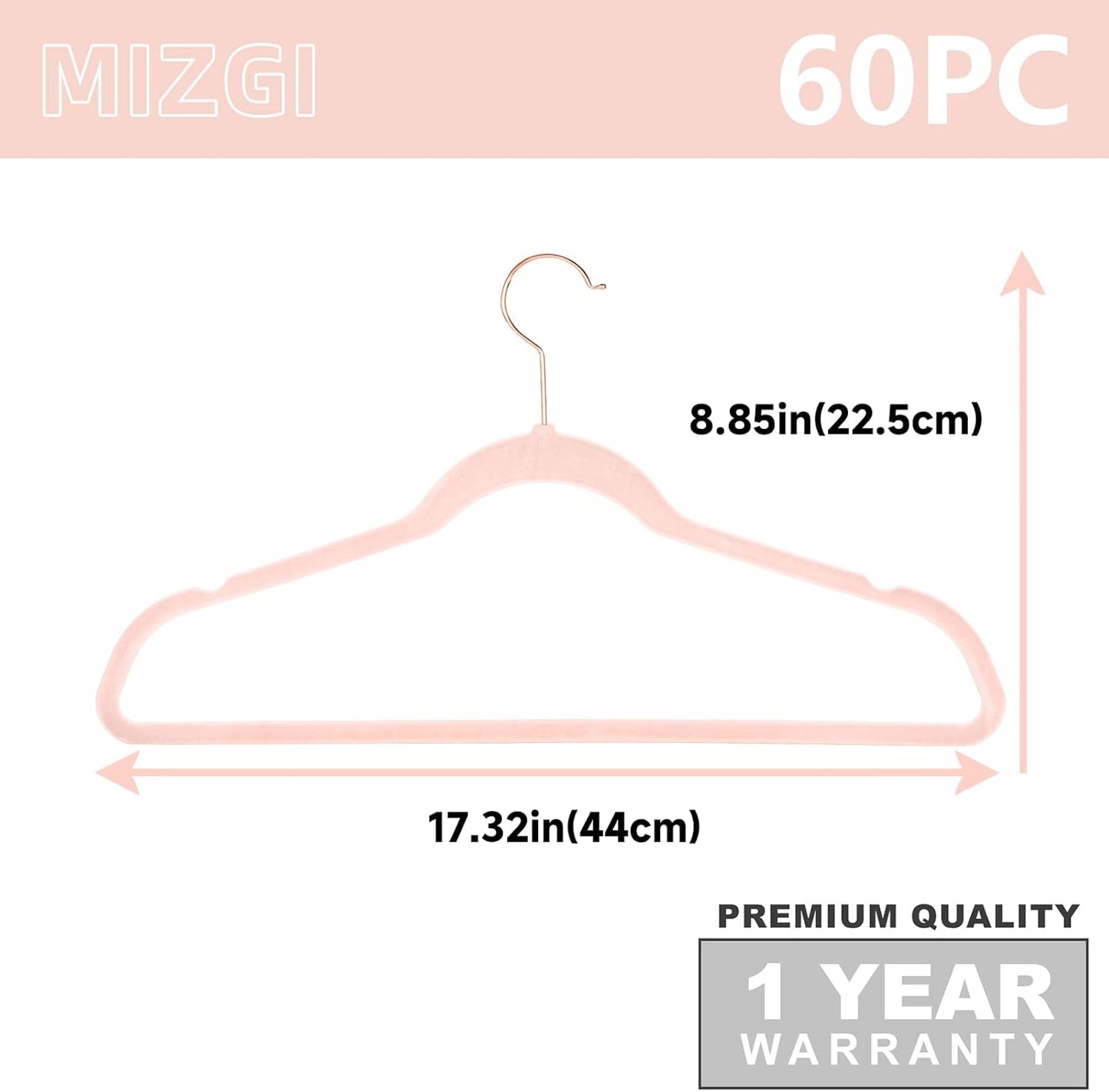 MIZGI Premium Velvet Hangers (60 Pack) Heavy Duty - Non Slip Felt Hangers - Blush Pink - Rose Gold 360 Degree Swivel Hooks,Space Saving Clothes Hanger,Durable Strong Hanger for Suits,Coats