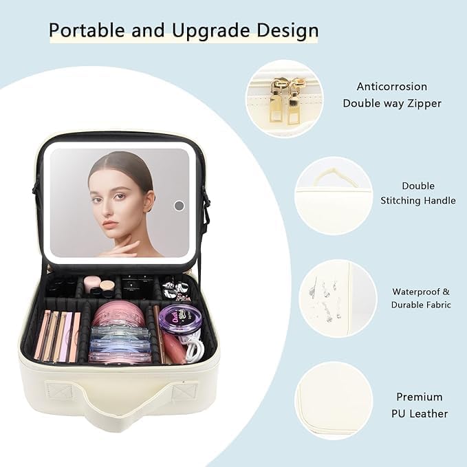 Makeup Bag with Led Mirror,Travel Makeup Organizer with 3 Color Setting & 10X Magnifying Mirror, Portable Storage and Adjustable Dividers Travel Makeup Bag-white