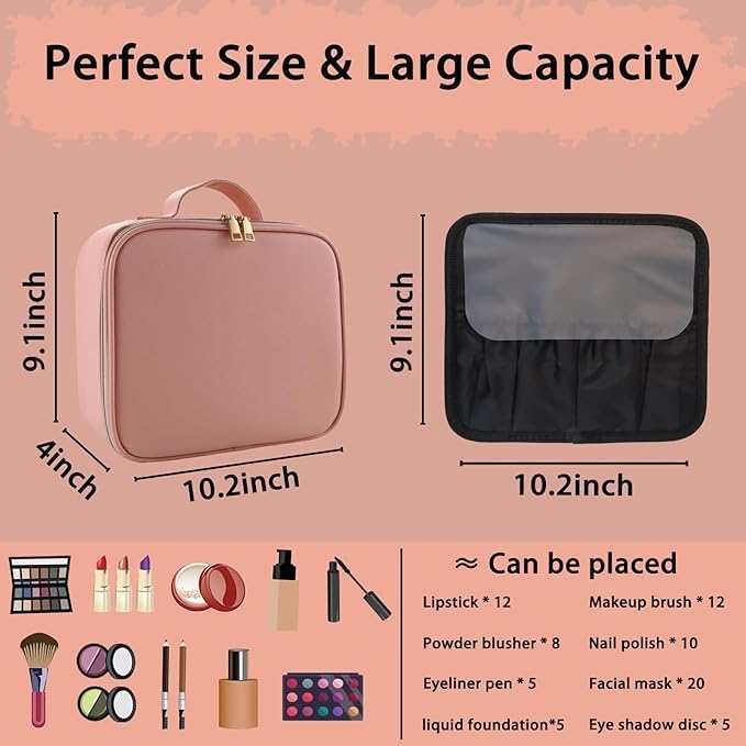 Makeup Bag with Led Mirror,Travel Makeup Organizer with 3 Color Setting & 10X Magnifying Mirror, Portable Storage and Adjustable Dividers Travel Makeup Bag-pink
