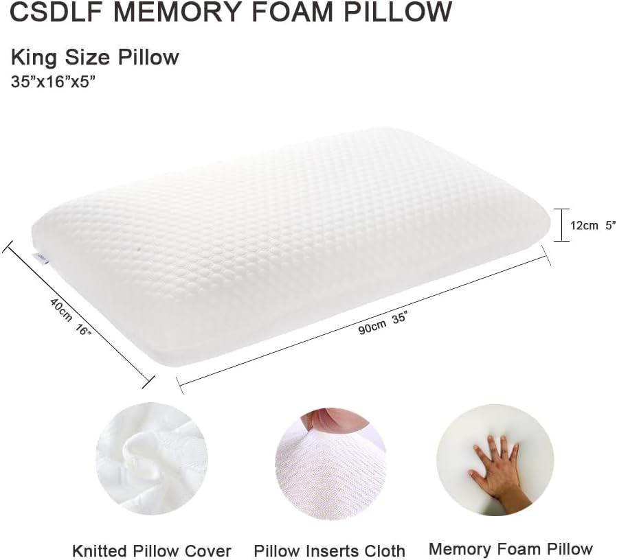 Memory Foam Bed Pillows, Pillow for Side and Back Sleeper, Pillow for Neck Pain Relief, Washable Removable Cover, Soft, White (King)