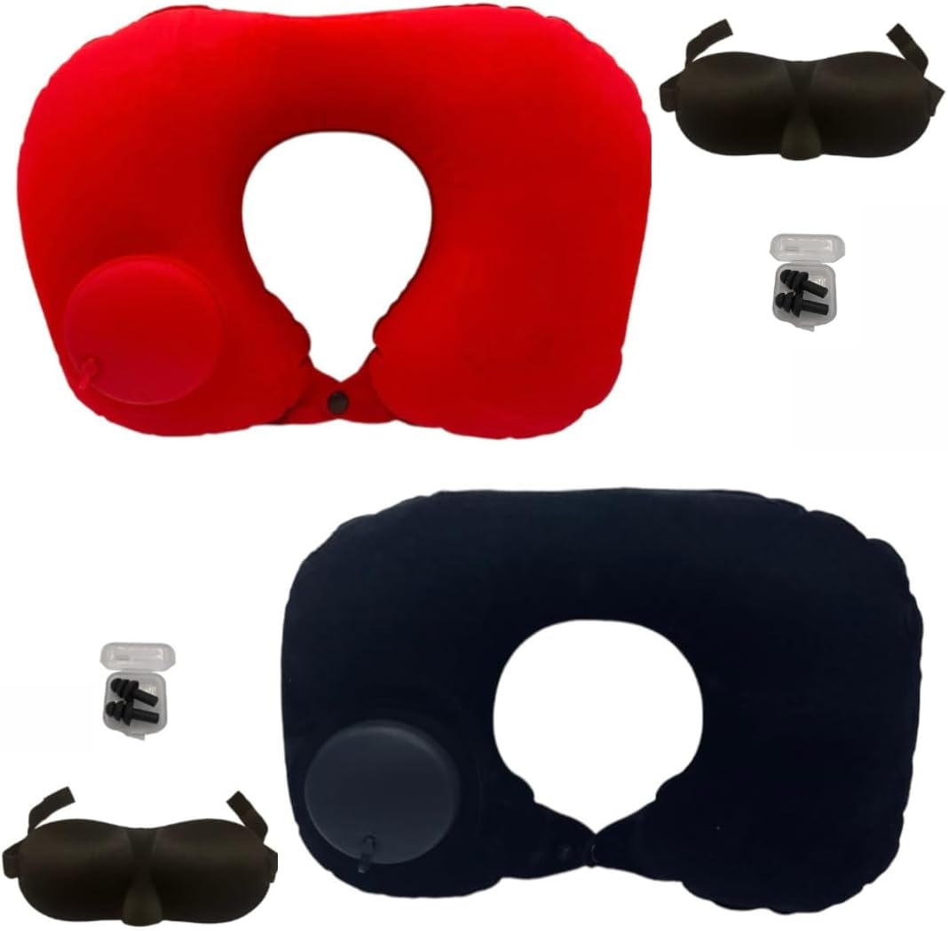 Vorgato Luxury- Inflatable Travel Pillow - Pocket Size - Camping Pillow - Airplane Pillow - with 3D Eye Mask and Earplugs- Airplane Essentials - Travel Neck Pillows for Airplanes - PVC Flock