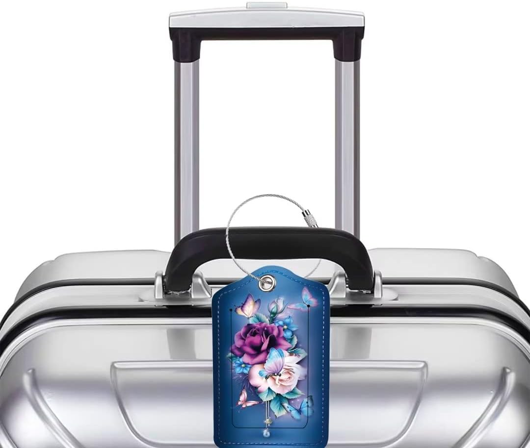 2 Pack Luggage Tag for Suitcase, Cute Unique Leather Bag Tags Identifiers Privacy Cover ID Label with Durable Steel Loop for Women Men Kids Girls Travel, Butterfly