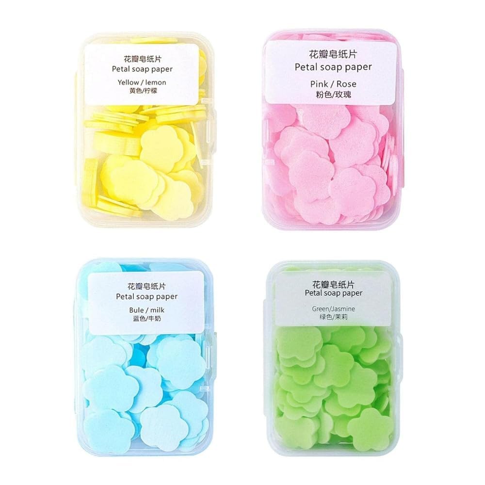 4 Boxes Paper Soap, 4 Different Scented Mini Fresh Portable Disposable Petal Hand Wash Sheets, Dissolvable Hand Bath Soap, Suitable for Outdoor, Travel, Camping (Approx 400 Sheets)