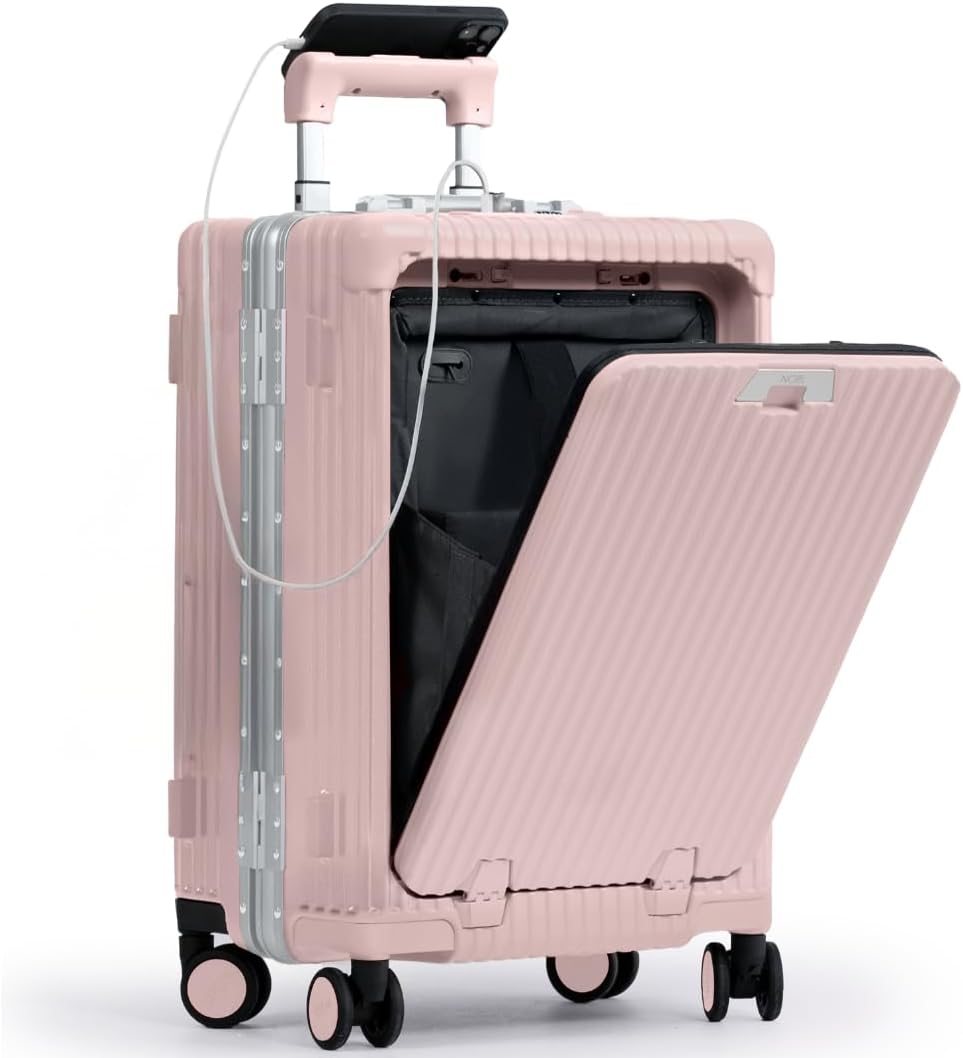 Nobl Travel Carry On Luggage, Noble Zipperless Aluminum Frame PC Hard Shell Suitcase, 22.5x15x9.5 Airline Approved, 360° Spinner Wheels, TSA Locks, USB Charging Port, Cup & Phone Holder - Pink