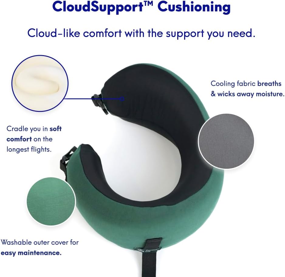 C CUSHION LAB Travel Pillow, Award-Winning Patented Ergonomic Design for Chin & Neck Support Memory Foam Neck Pillow, Compact Airplane Pillow for Traveling, Flight, Car (Hunter Green, Medium)