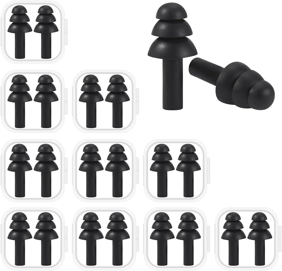 10 Pairs Noise Cancelling Ear Plugs, Premium Soft Silicone, Reusable, Waterproof, Hypoallergenic, Earplugs for Swimming, Airplanes, Concerts, Shooting, Travelling, Sleeping & Snoring (Black)