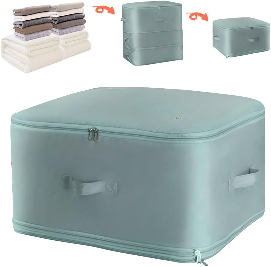 Ultra Space Saving Self Compression Storage Bags with Zipper, (Green) -Compression Organize for Bedding, Comforter Storage Bag for Blankets Duvet Quilts Pillows