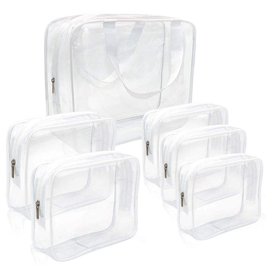 APREUTY Clear Makeup Bags, TSA Approved 6Pcs Cosmetic Makeup Bags Set Clear PVC with Zipper Handle Portable Travel Luggage Pouch Airport Airline Organization (White)