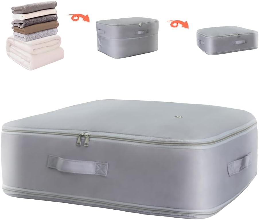 Ultra Space Saving Self Compression Storage Bags with Zipper, (Grey) -Compression Organize for Bedding, Comforter Storage Bag for Blankets Duvet Quilts Pillows