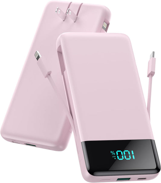 Portable Charger for iPhone with Built in Cables and Wall Plug,Upgraded 13800mAh Fast Charging USB C Power Bank,4 Outputs Travel Essential Battery Pack Compatible with iPhone 15/14/13/12,Samsung-Pink