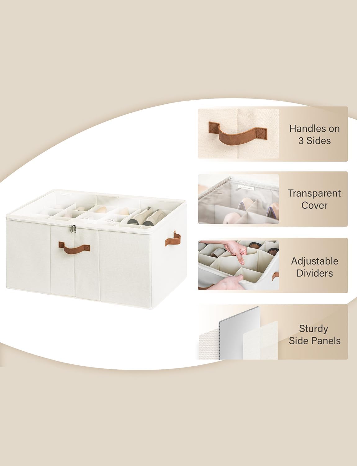 StorageWorks Shoe Organizer for Closet, Fits up to 24 Pairs, Shoe Cubby Storage Containers with Adjustable Dividers and Clear Cover, Beige