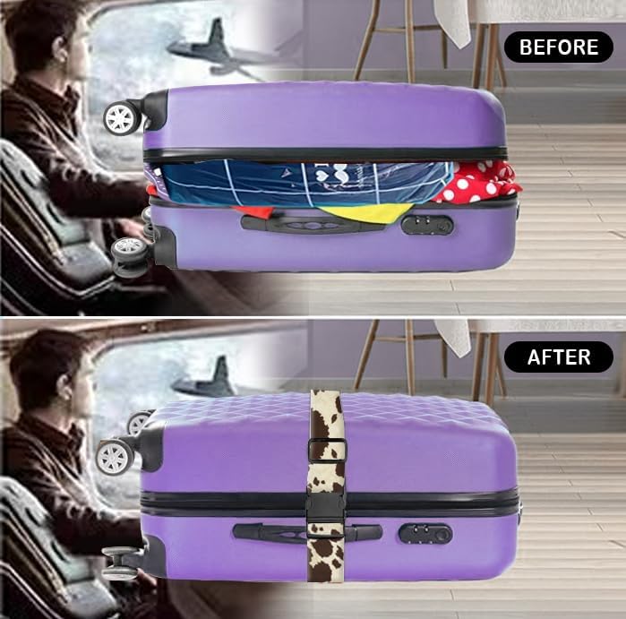 Luggage Straps for Suitcases Travel Belt Accessories, Cute Suitcase Strap, Adjustable Luggage Belt Strap, Heavy Duty with Quick-Release Buckle Luggage Strap Retro Cow Print