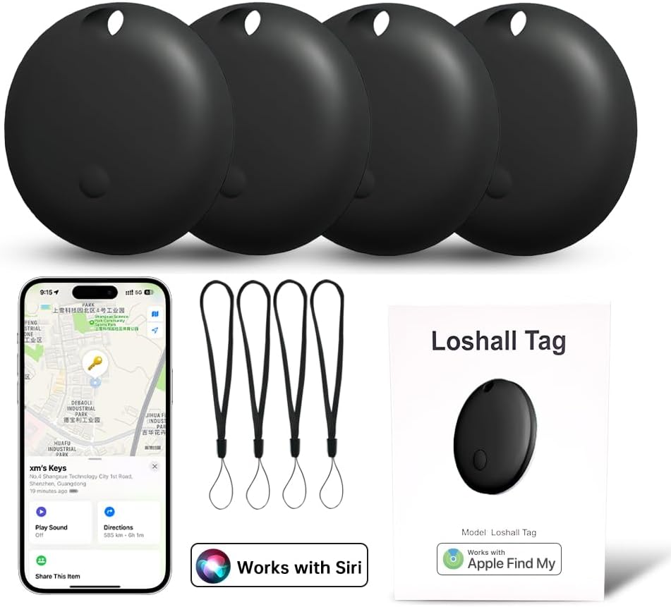 Smart Tag - 4 Pack Bluetooth Tracker Work with Find My (Apple's Official MFI Certification), Key Finder Item Locator Smart Tag for Keys, Luggage, Wallet, Bike, Black (NOT for ANDRIOD and Huawei)