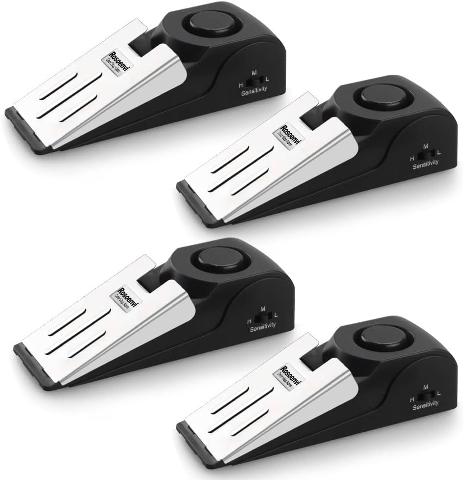 4 Pack Door Stop Alarm, Door Stopper with 120DB Security Alarm, Floor Wedge Door Stop Siren, Door Security Devices for Traveling, Apartment, Hotel and Home, Black