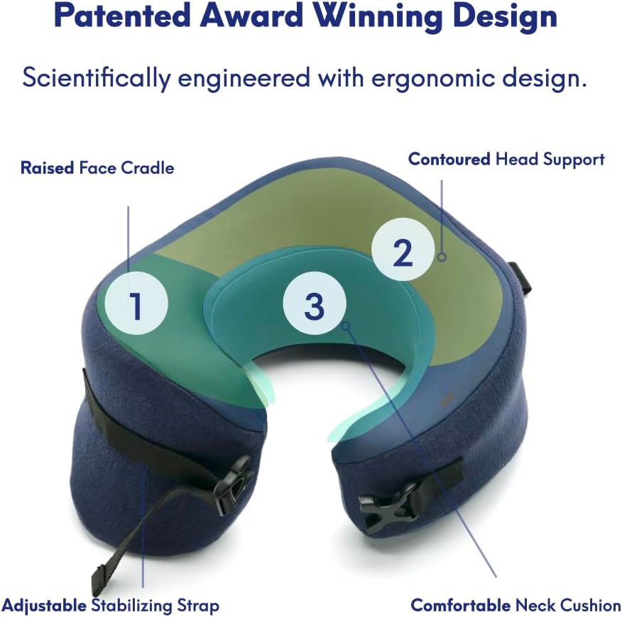 C CUSHION LAB Travel Pillow, Award-Winning Patented Ergonomic Design for Chin & Neck Support Memory Foam Neck Pillow, Compact Airplane Pillow for Traveling, Flight, Car (Navy, Large)