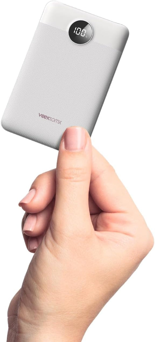 VEEKTOMX Small Portable Charger, Mini Power Bank 10000mAh, PD 22.5W Fast Charging USB-C Battery Bank, Travel Essentials Dual Voltage External Portable Powerbank for iPhone/Samsung/Google Pixel, White