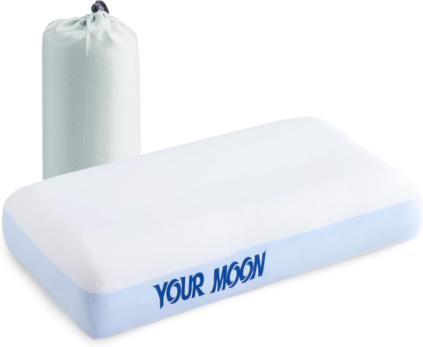 YOUR MOON Memory Foam Travel Pillow, Pure Cotton Cover, Compressible Camping Pillow for Sleeping, Portable Backpacking Support Pillows for Hiking, Car & Airplane (White Blue)