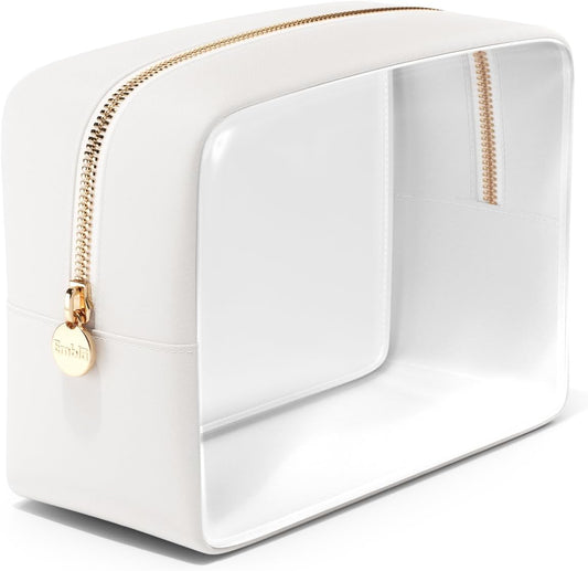 Clear Makeup Bag Zipper Pouch, Transparent Cosmetic Case Organizer, TSA Approved Travel Toiletry Case, Travel Accessories Essentials Makeup Tote for Women, Large Cute Make up Bag for Purse - White