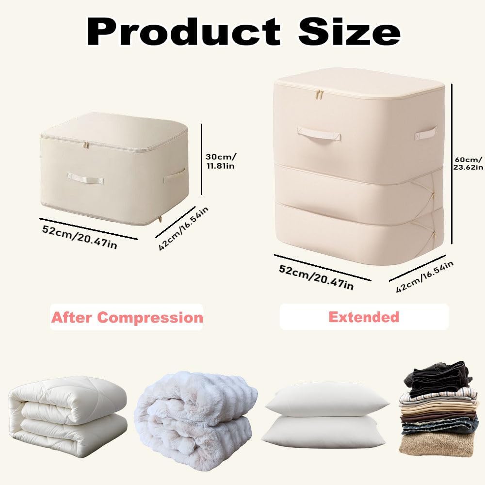 Ultra Space Saving Self Compression Organizer, 2025 New 3-Layer Zipper Large Capacity Storage Bag, Thick Satin Fabric Heavy Duty Bags for Comforters Blankets Bedding Duvet (Beige, X-Large, 21x17x24in)