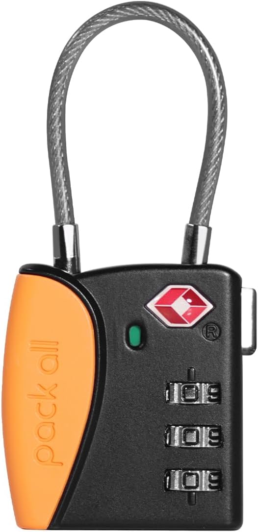 pack all TSA Approved Cable Luggage Locks, 3 Digit Combination Padlocks, Travel Lock for Suitcases & Bag, Alloy Body, Travel Accessories (1 Pack)（Orange）