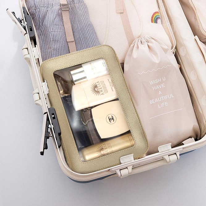 LETGO Clear Makeup Bags, TSA Approved Toiletry Bag with Zipper, Clear Makeup Organizer Fit Carry-on Travel Essentials,Clear Cosmetic Bags for Women Men (O-Gold)