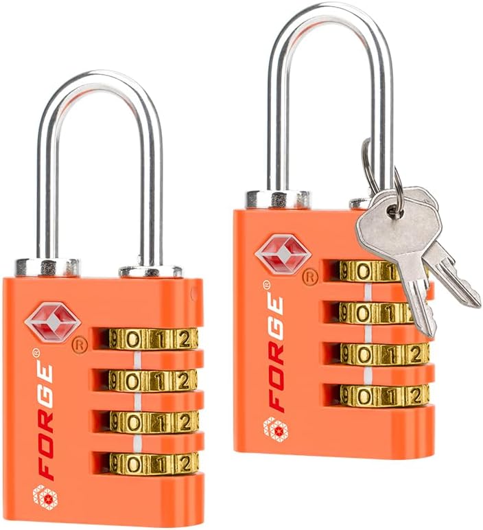 Forge Dual-Opening: Key or Combination Access Lock, TSA Approved Locks for Luggage, Pelican case, Travel, Gym, School, Stainless Steel Shackle.(Orange, 2 Pk)