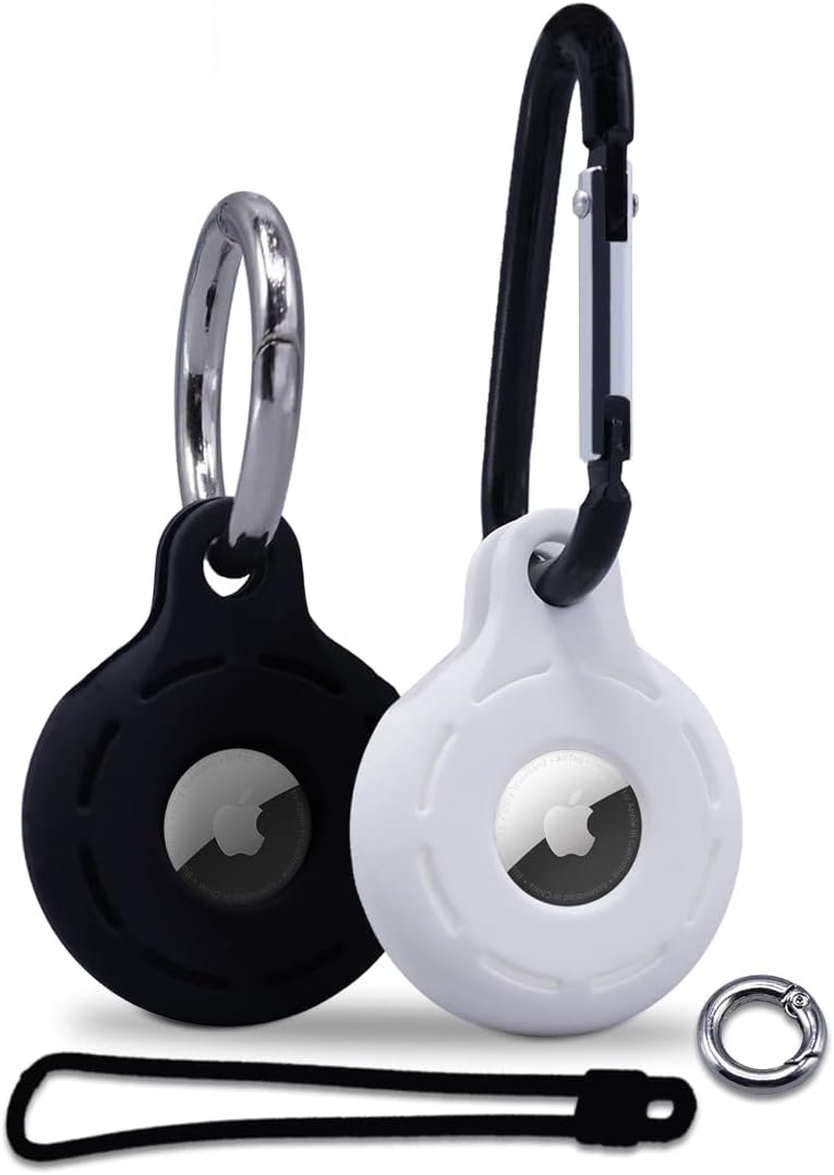 Apple AirTag 4 Pack Shockproof, Dustproof & Washable Cases, Silicon Holders with Accessories for Wallets, Luggage, Pet Collars, Key Finders (Black - White)