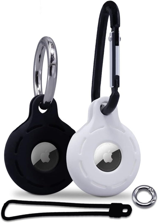 Apple AirTag 4 Pack Shockproof, Dustproof & Washable Cases, Silicon Holders with Accessories for Wallets, Luggage, Pet Collars, Key Finders (Black - White)