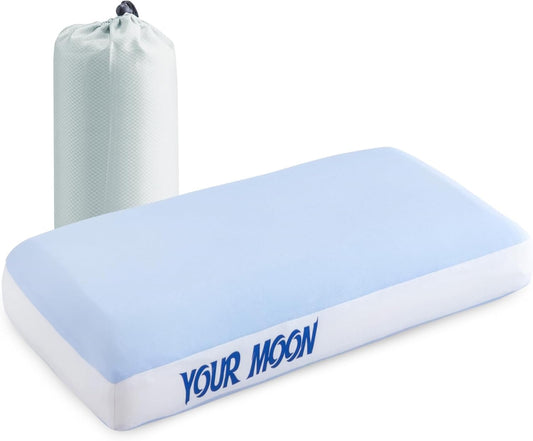 YOUR MOON Memory Foam Travel Pillow, Pure Cotton Cover, Compressible Camping Pillow for Sleeping, Portable Backpacking Support Pillows for Hiking, Car & Airplane (Blue White)