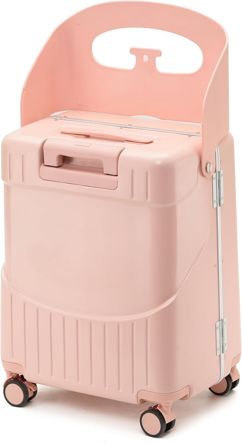 20 Inch Carry On TSA Lock Luggage for Kids& Adult,Lockable Spinner Wheels Free Luggage Cover and Safety Seatbelt Travel Suitcase (Carry-On TSA Luggage with Child Seat Pink)