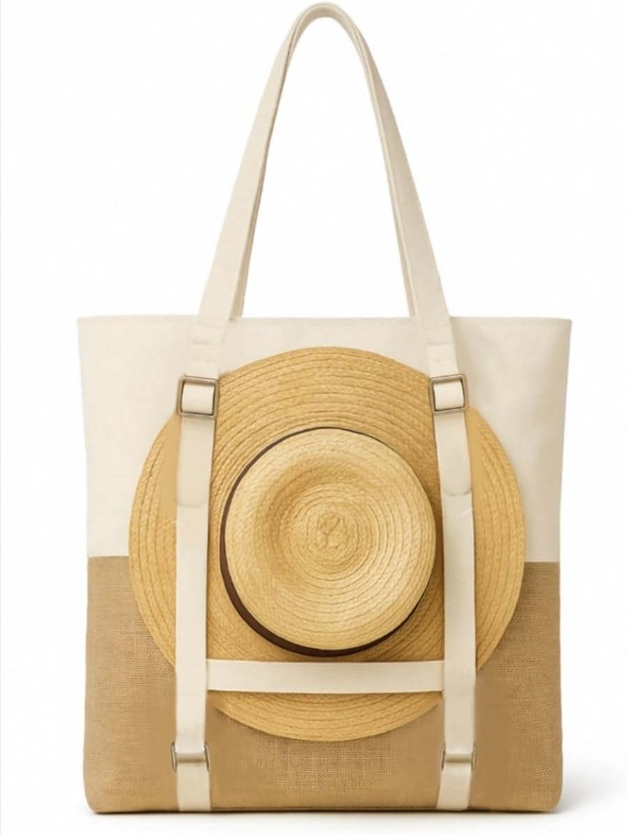 Large Beach Tote Bag with Hat Holder Straps, Womens large beach bag- Vation beach Tote