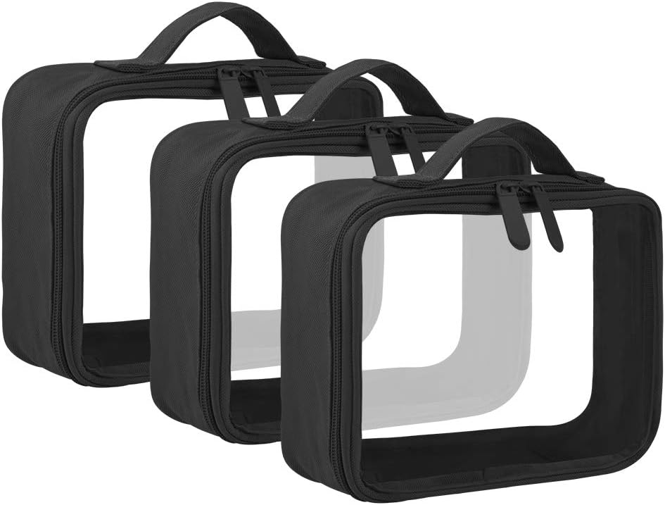 ANRUI TSA Approved Toiletry Bag With Handle Strap, Clear Travel Liquids Toiletries & Cosmetics Organizer Carry-On Luggage for Women and Men Black 3 Pack (Same Size)