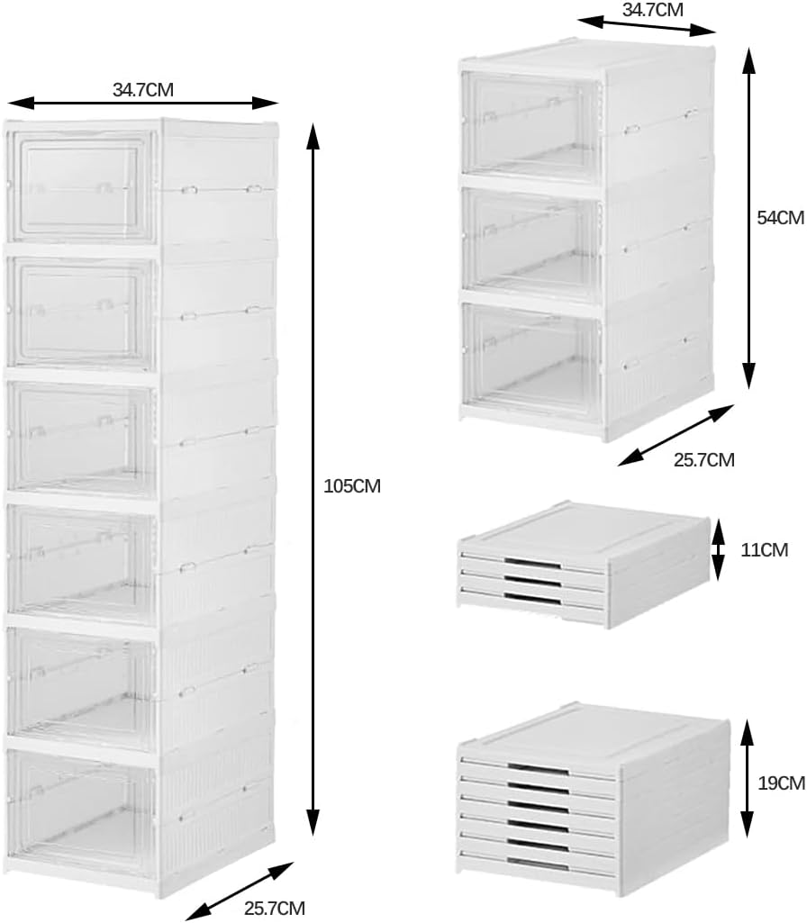 Shoe Organizer Foldable Shoe Rack, No Assembly Box Covered Shoe Storage with Doors, Free Standing Space Saving Shoe Box Stackable Dustproof 6,3 (1×6 Tiers)