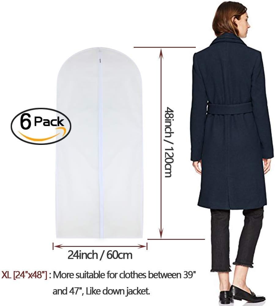 Garment Bag Covers 24'' x48'' Garment Bags White Breathable Full Zipper Dust Cover for Clothes Storage Closet Pack of 6