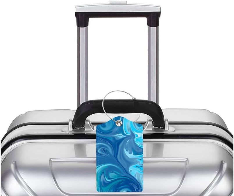 2 Pack Luggage Tag for Suitcase, Cute Unique Leather Bag Tags Identifiers Privacy Cover ID Label with Durable Steel Loop for Women Men Kids Girls Travel，Blue Wave