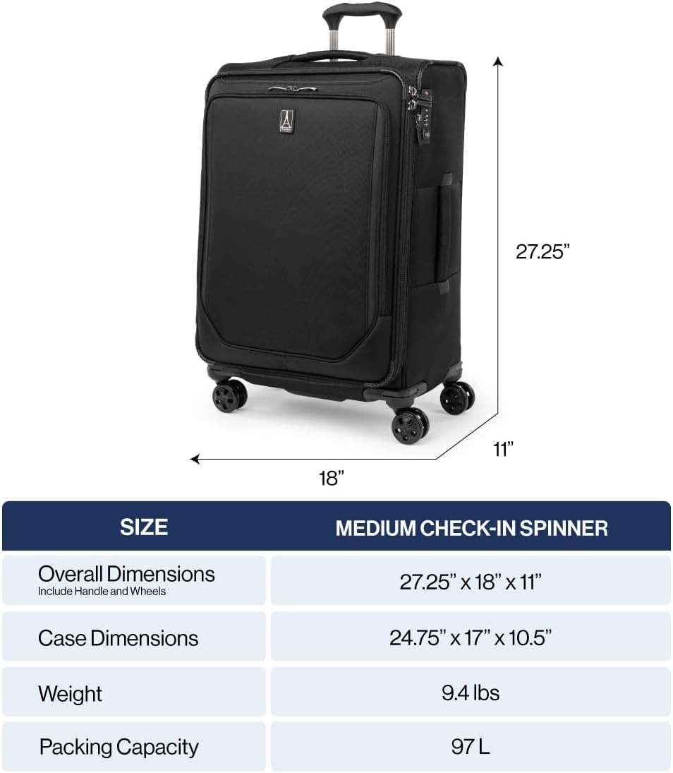 Travelpro Crew Classic Lightweight Softside Expandable Checked Luggage, 8 Wheel Spinner Suitcase, TSA Lock, Men and Women, Checked Medium 25-Inch, Black