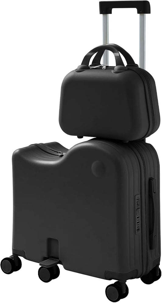 TABU Ride-on Luggage with Handbag for Kids，Hardshell Carry On Suitcase with Hidden Cup Holder, Foldable Pedal,Type-C & USB Interface, TSA Lock, 6-Spinner Wheels, Black