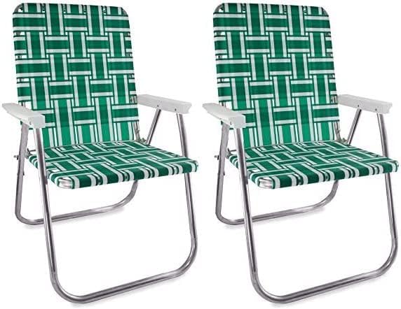 Lawn Chair USA - Outdoor Chairs for Camping. Made with Lightweight Aluminum Frames and UV-Resistant Webbing. Folds for Easy Storage 2- Pack (Green and White Stripes with White Arms, Classic)
