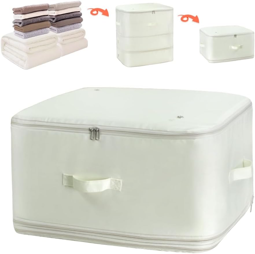 Ultra Space Saving Self Compression Storage Bags with Zipper, (Beige) -Compression Organize for Bedding, Comforter Storage Bag for Blankets Duvet Quilts Pillows