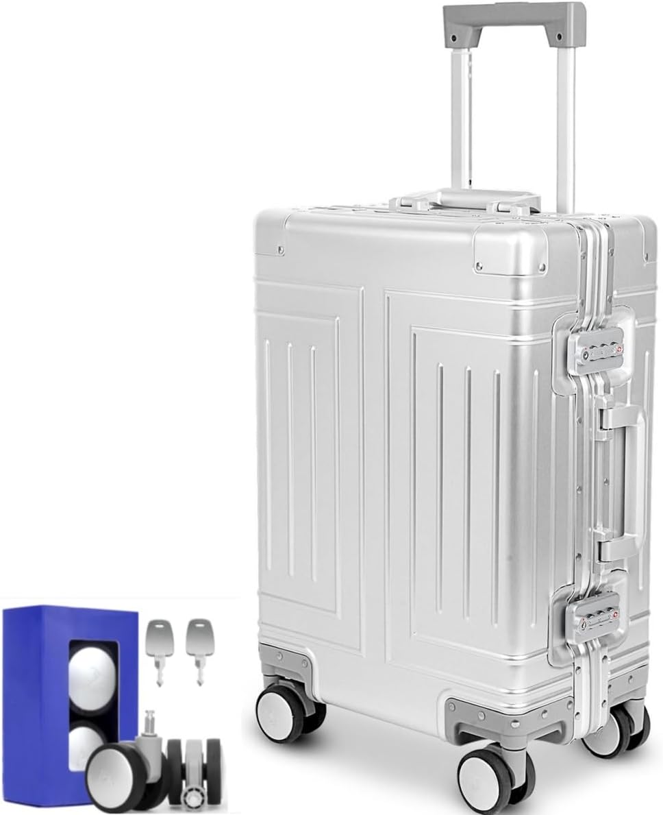 All Aluminum 20'' Luggage with Removable Spinner Wheels,Provide Spare Wheels.Carry on Luggage 22 x 14 x 9 Airline Approved Lightweight Metal Hard Shell Zipperless Suitcase