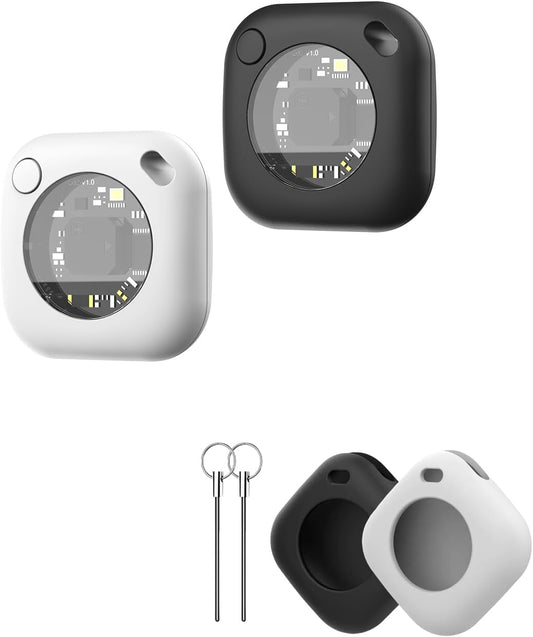 Air Tracker Tags-2 Pack, 5.3 Bluetooth Tracker Work, 100dB Sound, Smart Tag with Keychain/Lanyard, Item Finder for Luggage/Key/Suitcase, Replaceable Battery, Black.White，with Apple Find My (iOS Only)