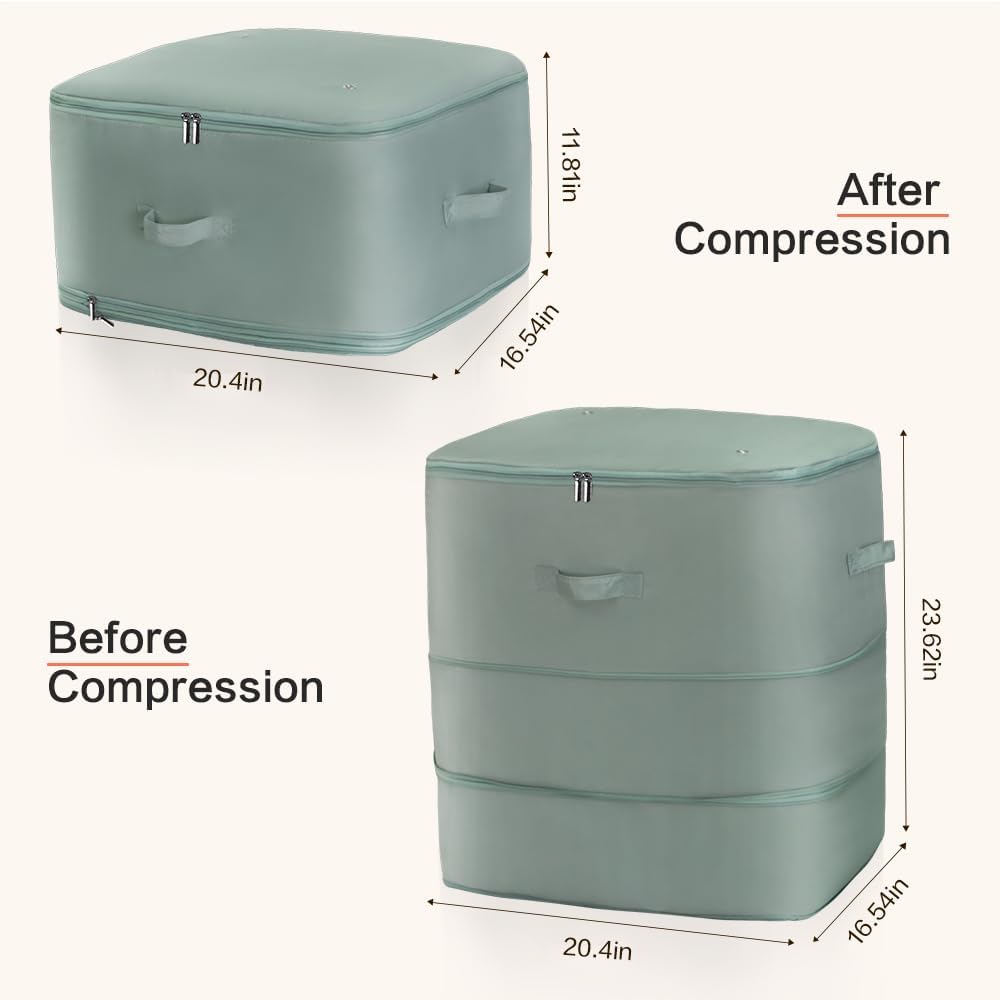 Ultra Space Saving Self Compression Storage Bags with Zipper, (Green) -Compression Organize for Bedding, Comforter Storage Bag for Blankets Duvet Quilts Pillows