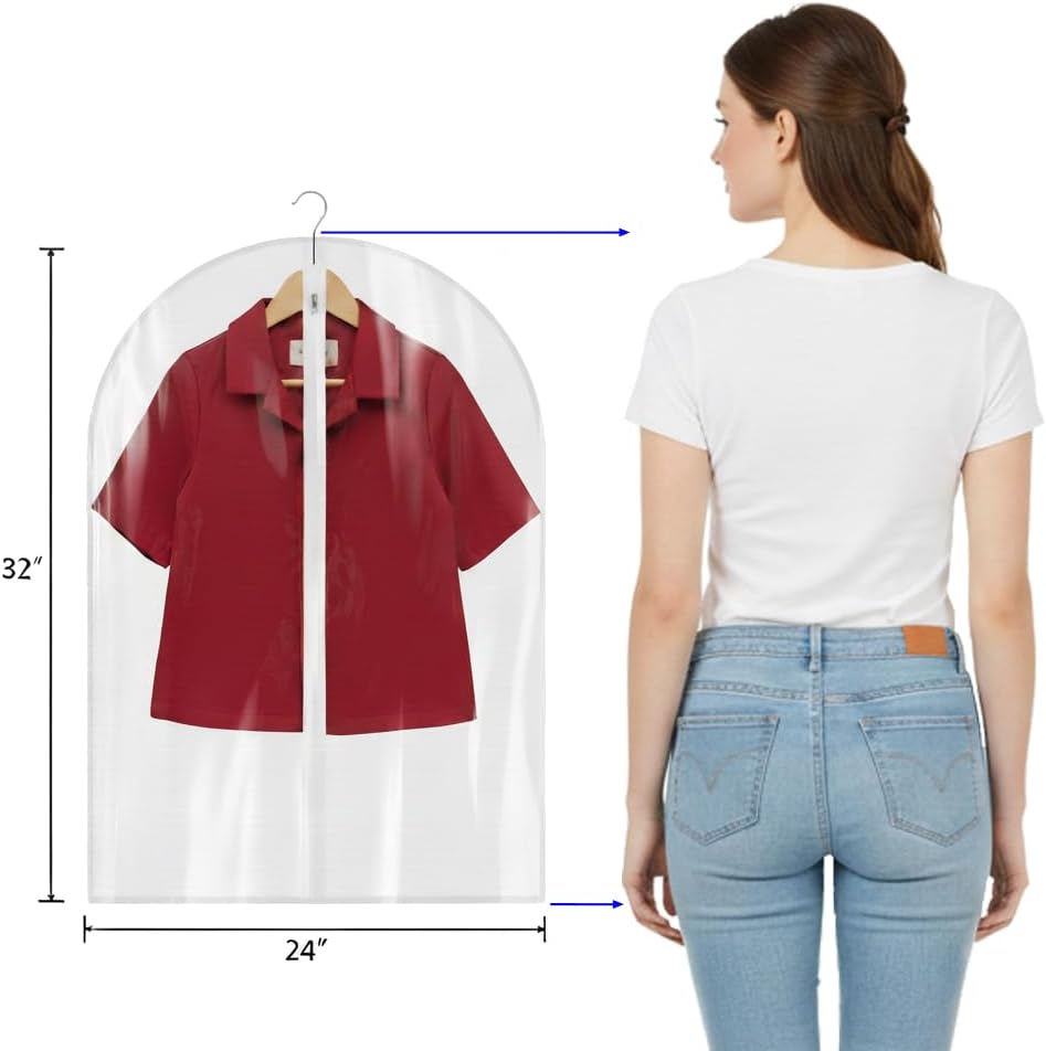 All Clear Garment Bags for Travel - 32”PEVA Waterproof Suit Cover with Zipper for Hanging Clothes, Shirts, Sweaters - Durable Dresser for Closet Storage, Dustproof & Moisture Resistant - 32”/2 Pack