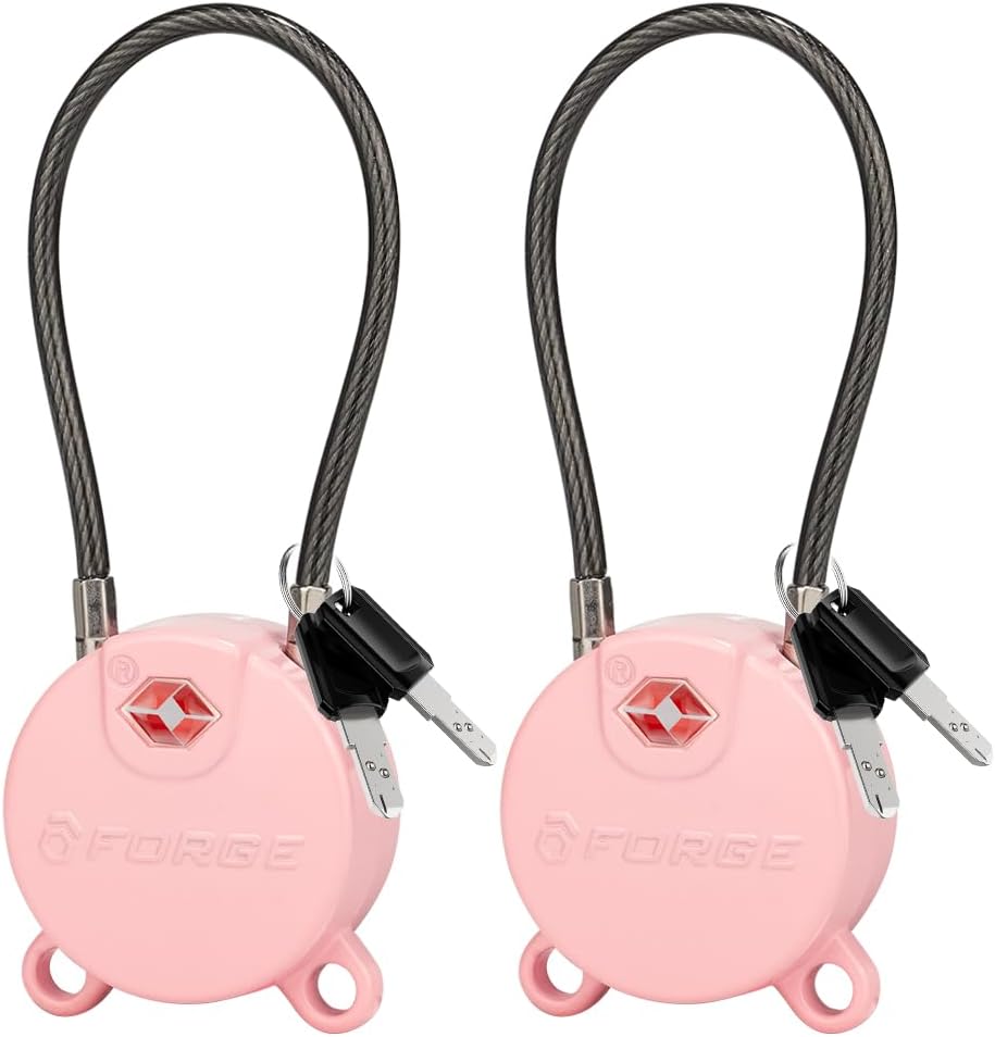 Forge TSA Approved Luggage Locks Ultra-Secure Dimple Key Cable Locks for Travel with Zinc Alloy Body- 2 Pink Locks