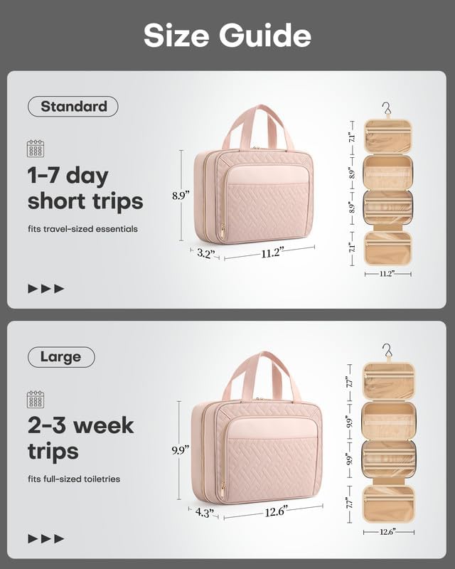 HOTOR Travel Toiletry Bag for Women & Men, Waterproof Makeup Bag with Hanging Hook and Multiple Pockets, Cosmetic Bags for Women, Travel Essentials, 12.6'' x 4.3'' x 9.9'', Pale Pink