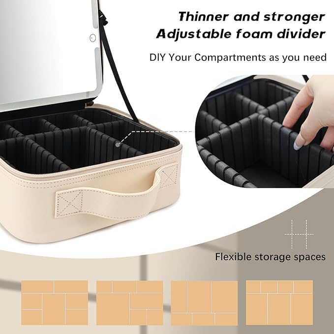 Makeup Bag with Led Mirror,Travel Makeup Organizer with 3 Color Setting & 10X Magnifying Mirror, Portable Storage and Adjustable Dividers Travel Makeup Bag-white